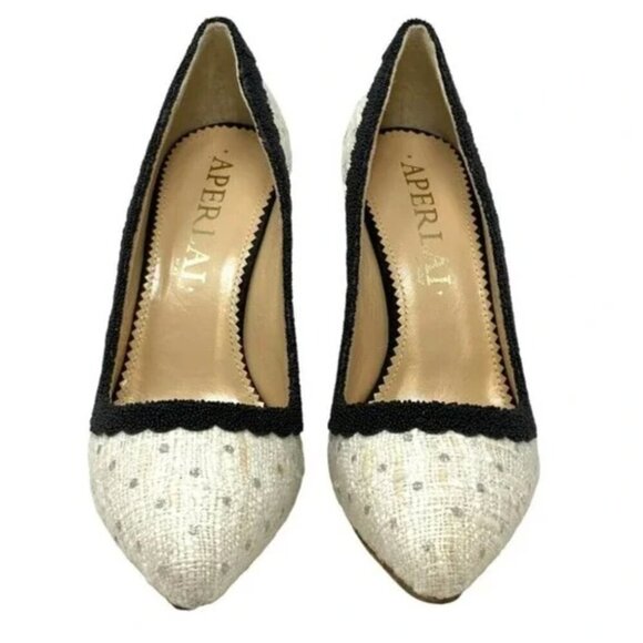 Aperlai Paris by Lanvin Italian Silk White Tweed Beaded Fringe Pump Heels Size 7 - Picture 2 of 8